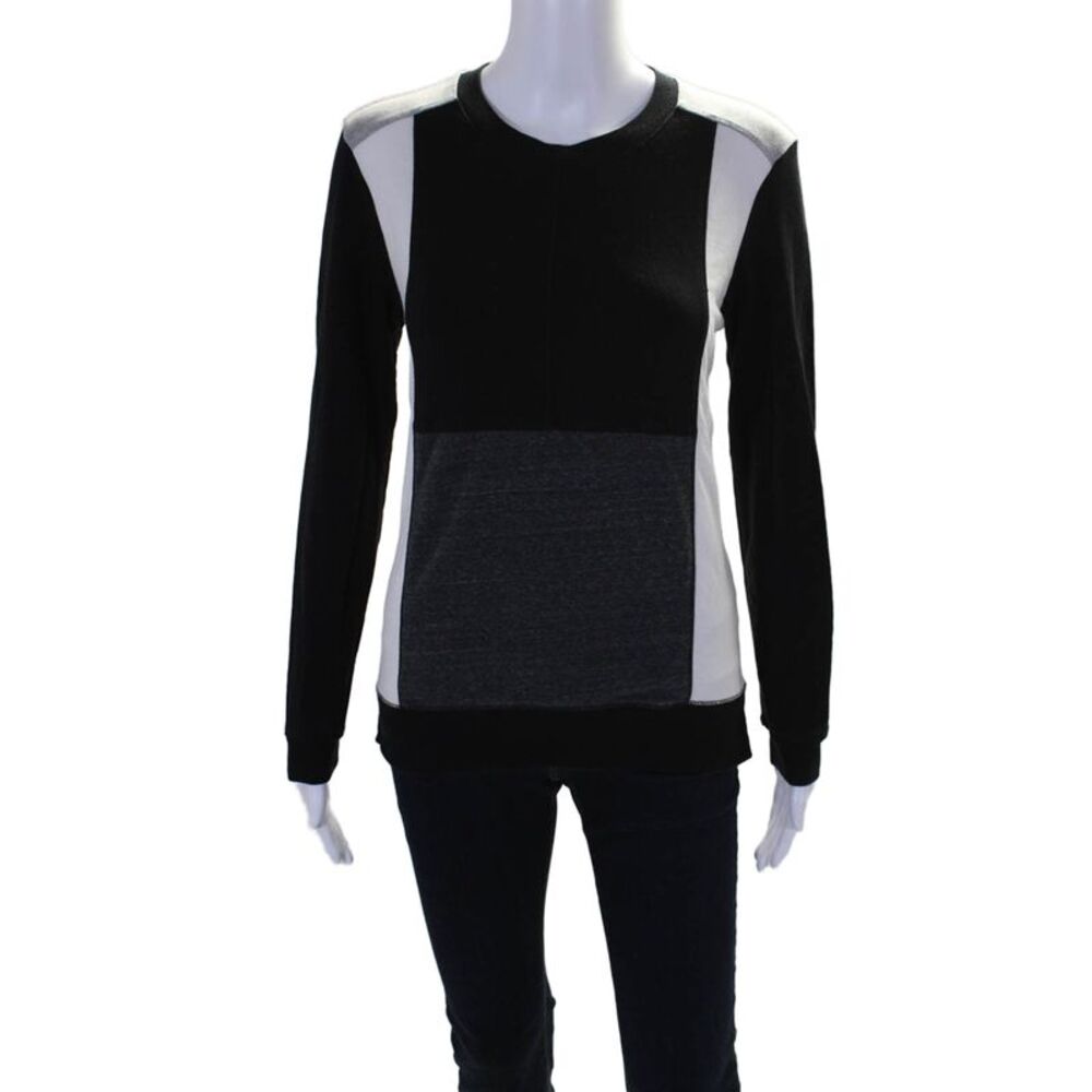 ATKO Womens Double Side Zip Crew Neck Colorblock Sweater Black White Size Small